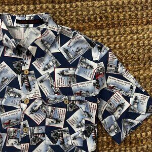 Light House New England Alan Stuart Print Shirt (Medium) Mens AOP Maine, Rhode I